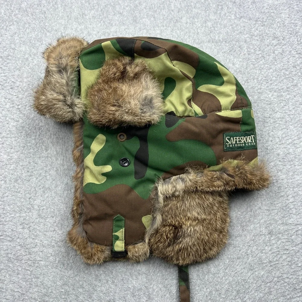Safesport Outdoor Gear Trapper Hat Mens XL Green Camo Rabbit Fur Trim Ear Flaps